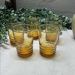 Set of 5 vintage Libby Malibu gold amber juice glasses. 4oz.